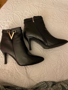 Black Ankle Booties with Gold V Accent - Women's Dress Booties